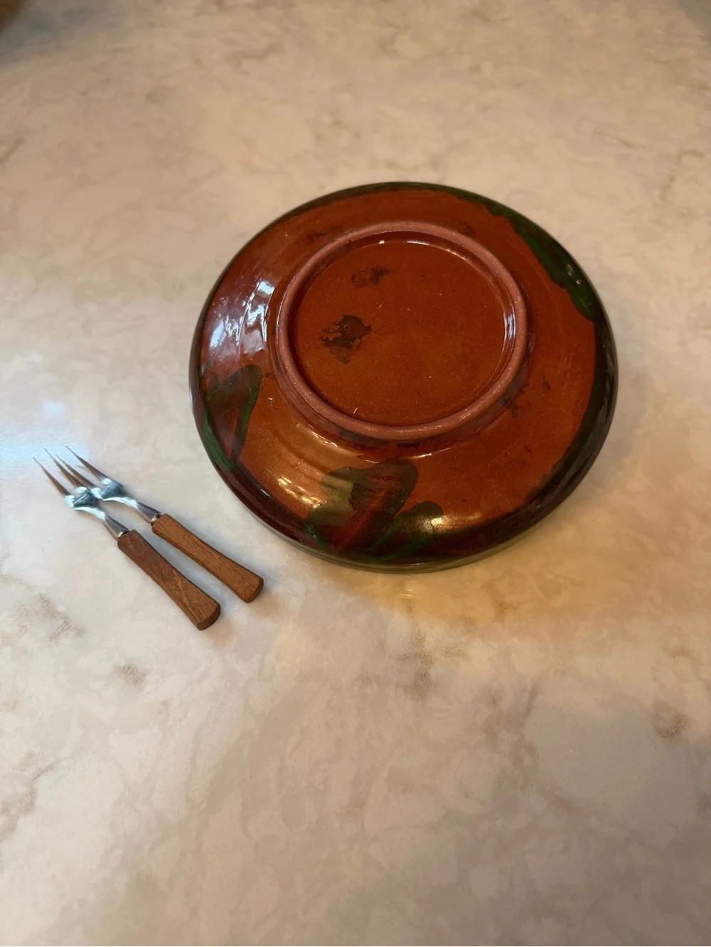 VINTAGE POTTERY- Green Olive Serving Dish with Tooth Pick Cup & Wooden Forks